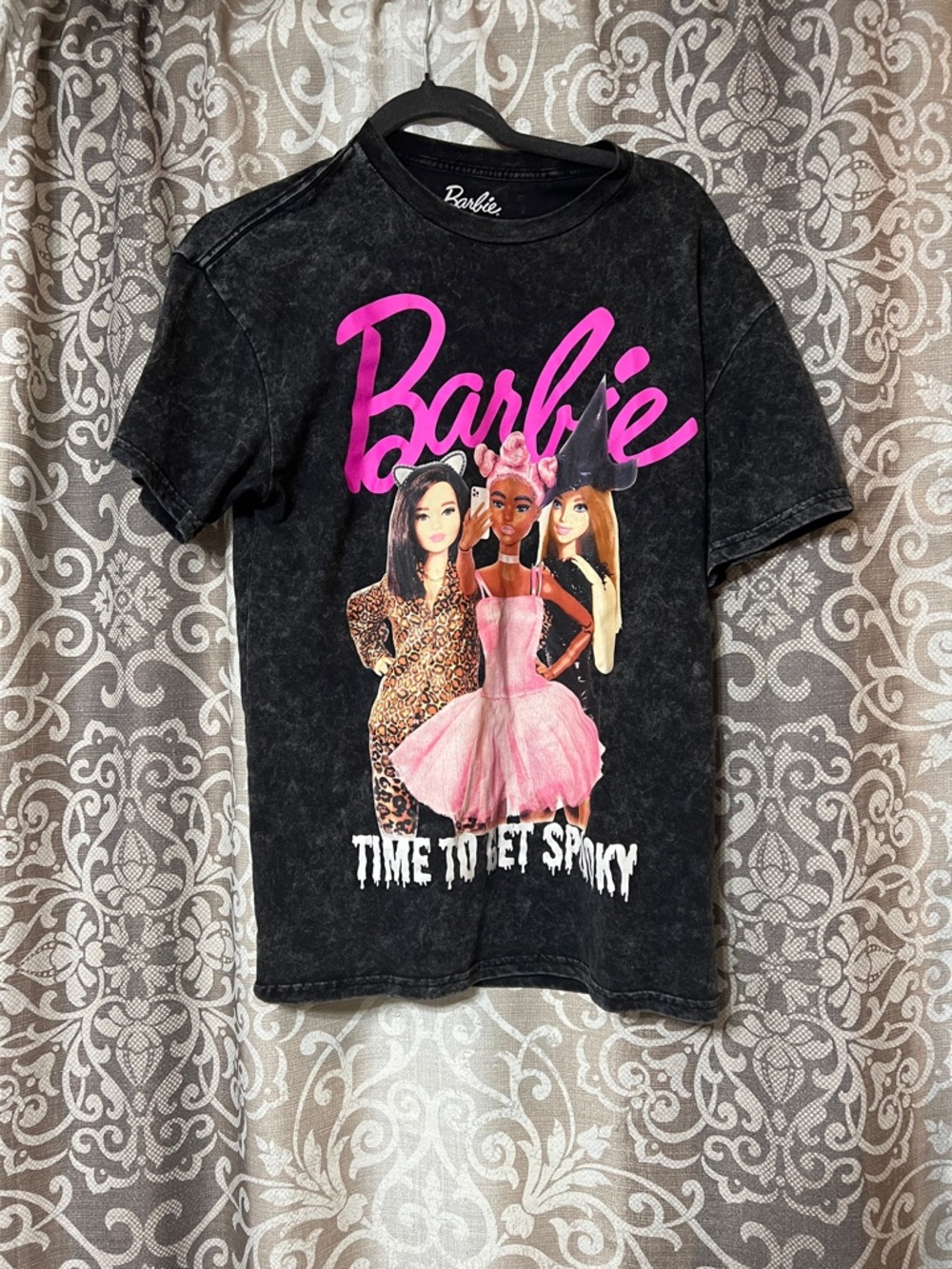 Barbie Black Tee with Hot Pink Logo and Pink Dress Graphic